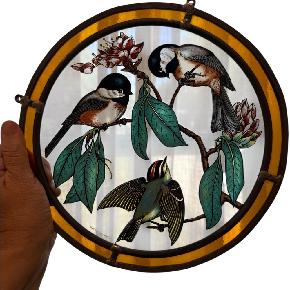 Rare 1979 Glassmasters Stained Glass Panel – 10” Birds & Blossoms item #2